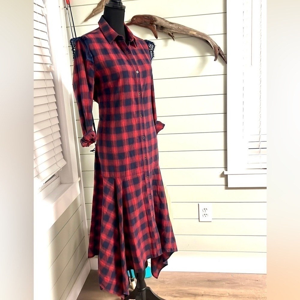 Promesa,Promenade,USA,Red Navy Plaid Cotton Button-Front Flare Midi Dress,Size L - Picture 5 of 14